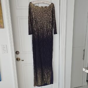 MARINA Purple and Metallic Gold Lace Maxi Evening Dress. Size 8